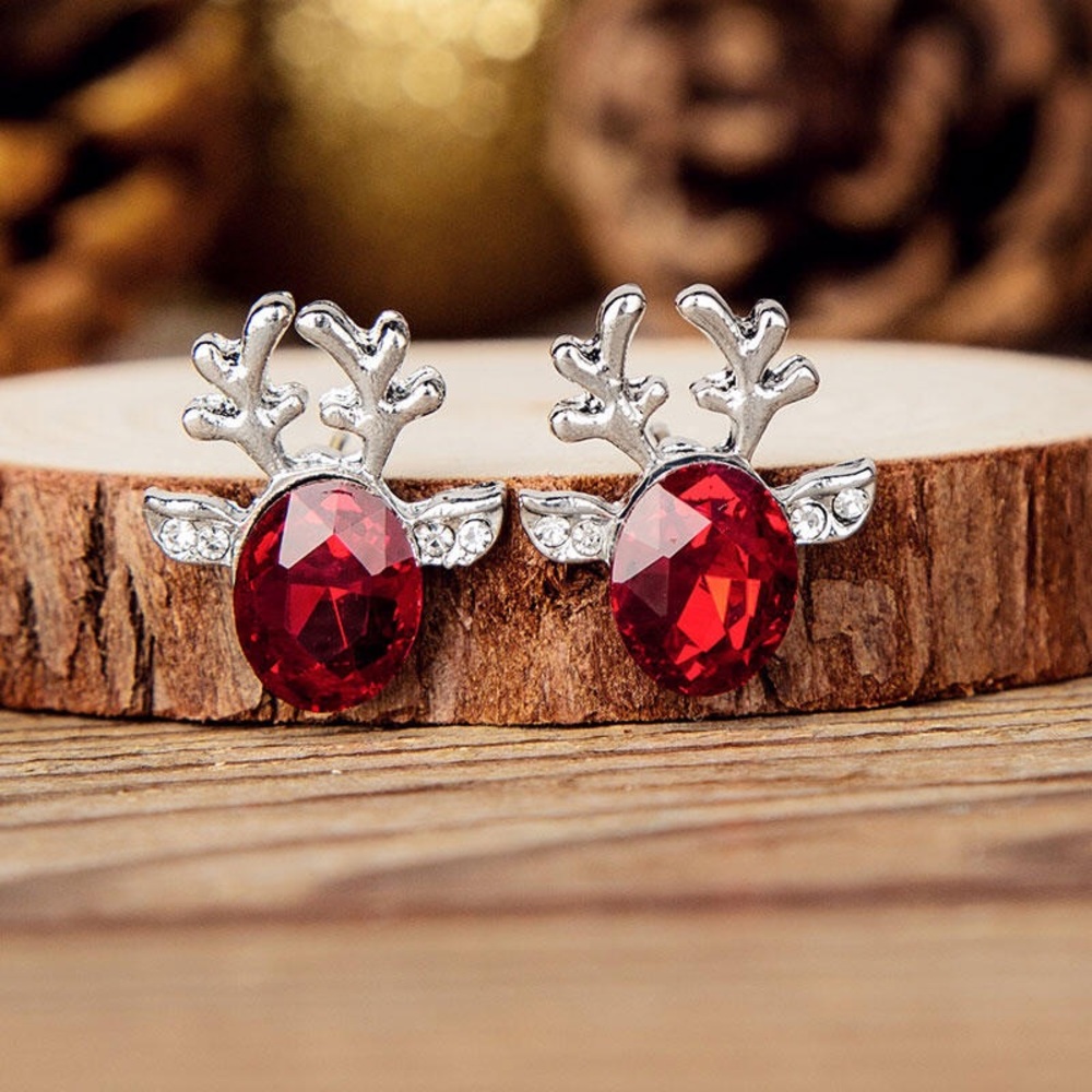 Silver & Red Crystal Reindeer Stud Earrings - Picture 5 of 8